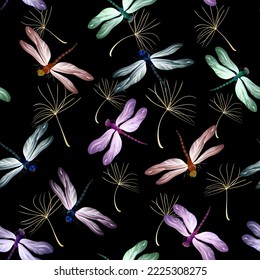 Black background with dragonflies.Vector pattern with colorful dragonflies on a black background.