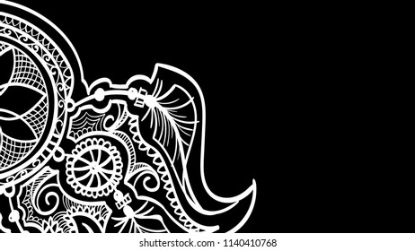 black background dreamcather design with feathers wallpaper . white doodle hand drawn contour outline . vector ornament illustration