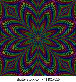 Black background with eight petals flower. Seamless pattern.
