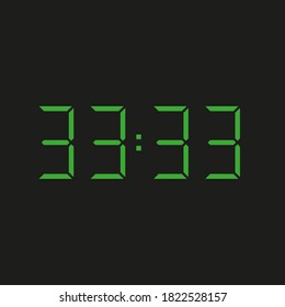 black background of electronic clock with four green numbers and datum 33:33 – repeating thirty three  