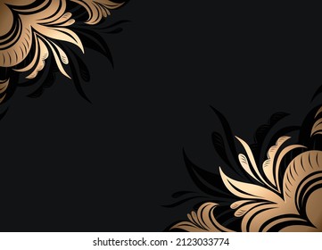 Black background with elegant stylized golden flowers in the corners, a template for covers, postcards, congratulations, invitations to events, advertising in fashion, cosmetology, floristry. Vector