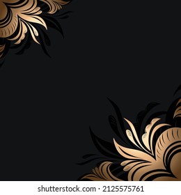 Schwarzer Hintergrund mit eleganten goldenen Blumen in den Ecken, eine Vorlage für Cover, Postkarten, Gratulationen, Einladungen zu Veranstaltungen, Werbung in der Mode, Kosmetologie, Floristik. Vektorgrafik