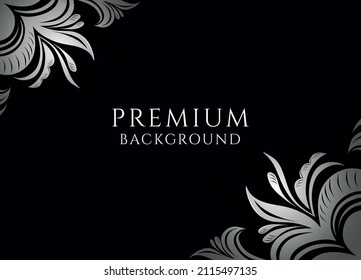 Black background with elegant stylized silver flowers in the corners, a template for covers, postcards, congratulations, invitations to events, advertising in fashion, cosmetology, floristry. Vector