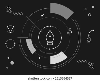 black background with elements of Bezier curves, pen, curves and circles, wavy and straight lines in the style of the future