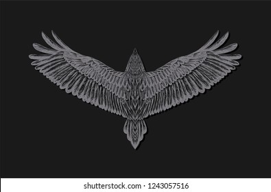 Black background with engraving grey eagle. Flying hawk. Hand drawn bird for print t shirt and tattoo art. Grunge isolated illustration.