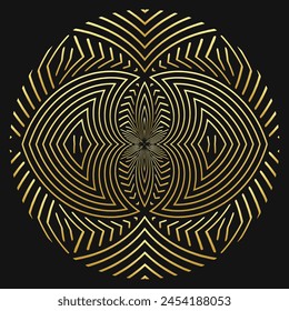 Black background, ethnic cover design, logo, mandala. Geometric gold unique 3D pattern. Handmade, doodling. Ornaments of the East, Asia, India, Mexico, Aztec, Peru.
