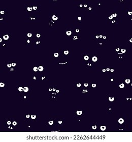 Fondo negro con ojos. Patrón vectorial sin cable. Emoticon de dibujos animados rostros en la noche