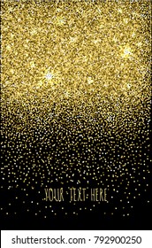 black background with falling glitter confetti. For party posters, christmas, new year and birthday cards.
