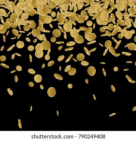 Fondo negro con monedas de oro en caída. Ilustración de dinero vectorial.