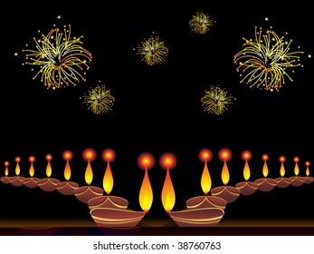 black background with firework, collection of diya
