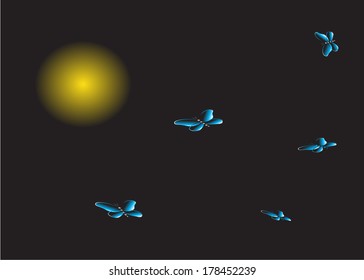 Black background and five blue butterflies fly to light.