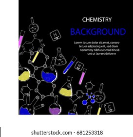 Black background with flasks and beakers for chemistry pharma presentation conference