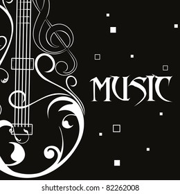 black background with floral design guitar, illustration