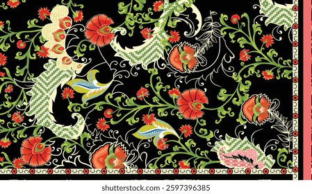 black background with a floral pattern featuring stylized red, orange, and cream flowers and green leaves, with white swirling lines , for textile, wallpaper, gift wrapping.