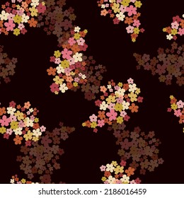Fondo negro con diseño de impresión floral y fondo de efecto cristal. Pétalos de flores de color brillante. Las mujeres sin foco imprimen por todas partes.