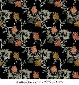 black background flower seamless pattern, the image creator selected three shades of orange, beige, and gray to produce slightly different eye catching variations of the color orange.