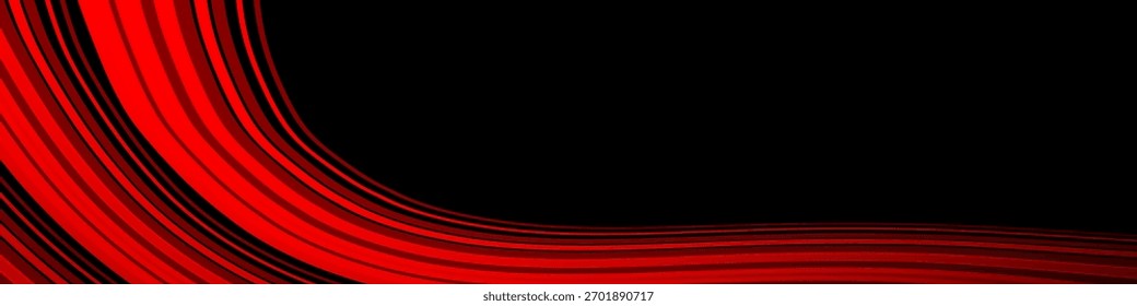 Plano de fundo preto com curvas de gradiente vermelho fluindo. Linhas abstratas onduladas torcem e curvam, cobrindo metade da faixa com um estilo futurista dinâmico.