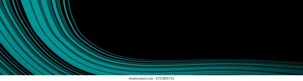 Schwarzer Hintergrund mit fließenden Teal-Farbverlauf-Kurven. Abstrakte Wellenlinien drehen sich und biegen sich, die Hälfte des Banners mit einem dynamischen futuristischen Stil bedecken.