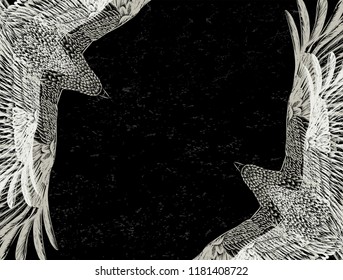Black background with flying bird.Horizontal poster.Vintage texture.To be used for poster of tattoo salon,page of book,invitation card for party.Grunge poster.Banner.Frame for  card.