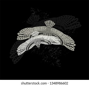 Black background with flying birds. Trio. To be use for print t shirt, tattoo art, coloring book pages. Hand drawn illustration. Boho chic.