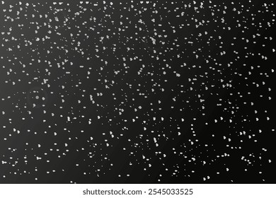 Black background with flying white snow. Snowfall texture. Vector illustration of blizzard effect