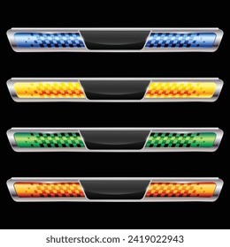 Black background with four scoreboards different colors for race track designs. Checkered pattern and frame for text