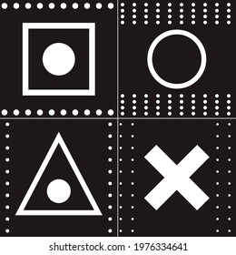 Black background and four shapes. Square, circle, triangle and cross. Vector white shapes on four tiles. Decorative and abstract gameplay shapes.