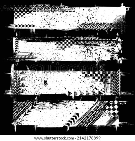 Black background with four white grunge ink blots frames rectangle form. Tire track path with different race track design elements. Transportation sport banners with place for text