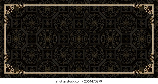 Black background with frame and patterns, Rectangle frame and border with black background Chinese seamless pattern textured for greeting cards, certificate, backdrop, banner, poster, and invitation.