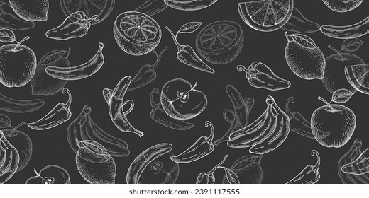 Black background of fruits and vegetables. Healthy natural food. Apple, lemon, banana, pepper. Vegan food. Vector illustration.