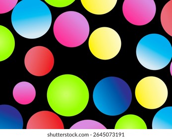 O fundo preto está cheio de círculos coloridos brilhantes em vários tamanhos e gradientes de cor, criando um padrão abstrato dinâmico.