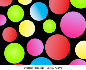 The black background is full of bright colorful circles in various sizes and color gradients, creating a dynamic abstract pattern.