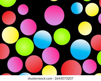 The black background is full of bright colorful circles in various sizes and color gradients, creating a dynamic abstract pattern.