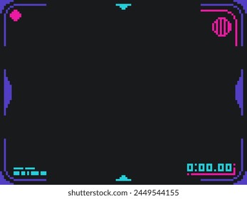 Black Background with Futuristic UI Interface Frame, Pixel Art 8bit Style Template