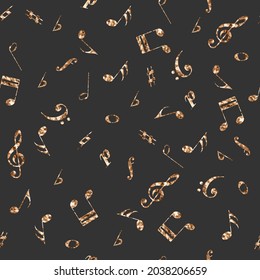 Black background with glitter notes and treble, bass clef. Seamless pattern. Vector illustration icon and symbol for print, poster, sticker, card design, wallpaper. Golden music notes.