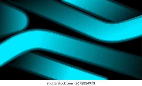 Ein schwarzer Hintergrund mit glühenden, abstrakten türkisfarbenen Bändern und Formen, die ein modernes, geometrisches und dynamisches Design schaffen.