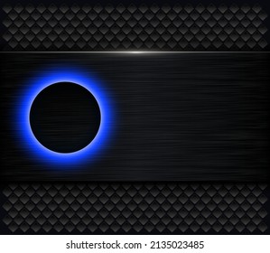 Black background with glowing blue button, dark brushed metal banner on perforated holes pattern, 3D texture vector illustration.