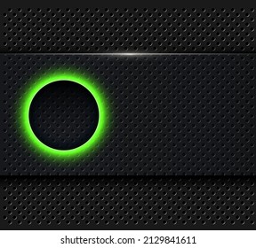 Black background with glowing green button, dark grey banner on perforated dotted pattern, 3D texture vector illustration.