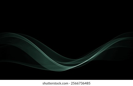 Black background with glowing waves. Abstract gray transparent flow of waves.