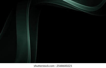 Black background with glowing waves. Abstract gray transparent flow of waves.