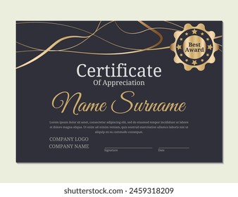 Black background and gold Certificate of achievement template with gold badge. Award diploma design blank. Vector Illustration.	
