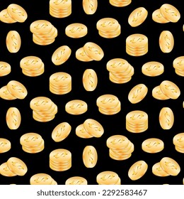 Black background with gold coins.Vector seamless pattern with gold coins on a black background.