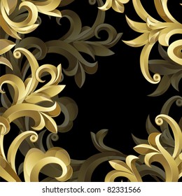 Black background with  gold frame from abstract plant.Clipping Mask.