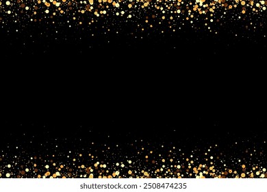 Fundo preto com brilho dourado. Design de partículas de glitter aleatórias.