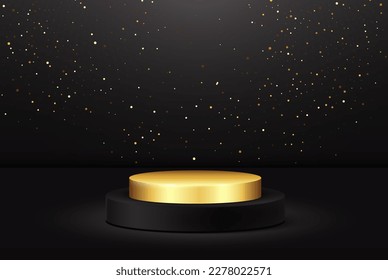 Black background with gold glitter. Round podium in black and gold for product display.