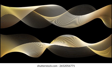 Black background with gold line swoosh. Abstract luxury pattern for sound music waves or wind. Vip flyer of future award elegant golden 3d ribbon swirl on dark