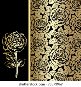 Black background with gold roses.