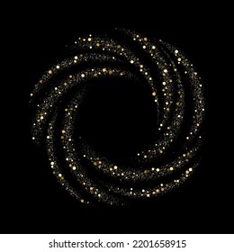 Black background with gold swirl glitter particles. Circle frame gold color,swirl design element.