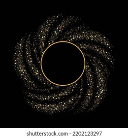 Black background with gold swirl glitter particles.Abstract background circle frame gold color. Swirl design element