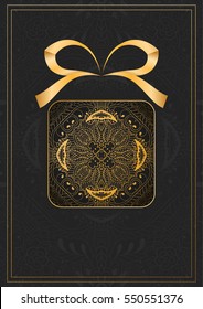 Black background with gold vintage ornament. Shape of present box. Can be use for banner, flyer, greeting card, wedding.